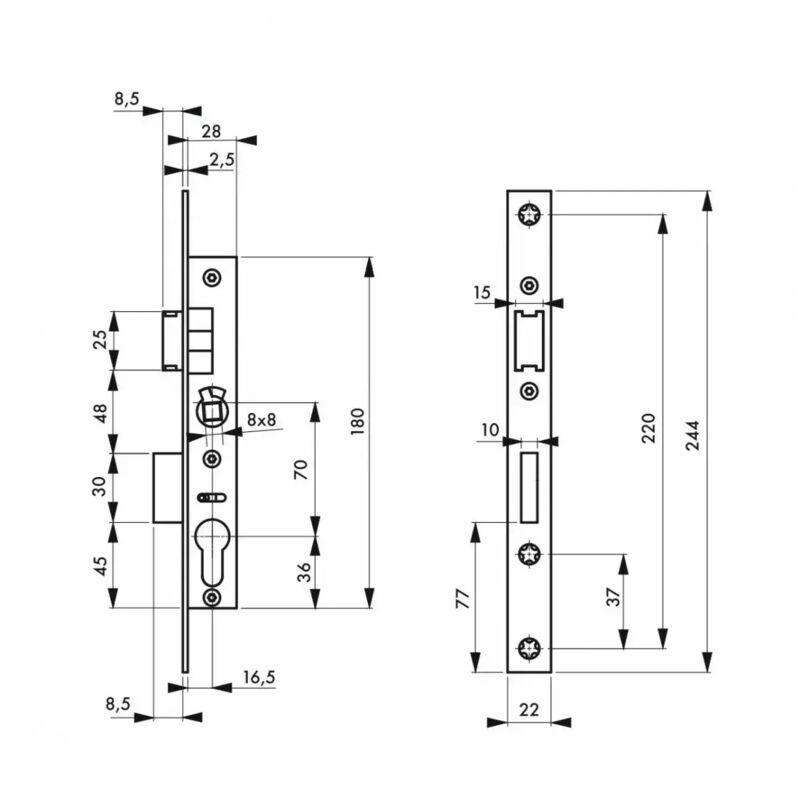 Boitier de serrure à cylindre profilé L21/A16.5/EA70 Thirard réversible têtière inox sans Interchangeabilité 1/2T - Rlx - 00014716
