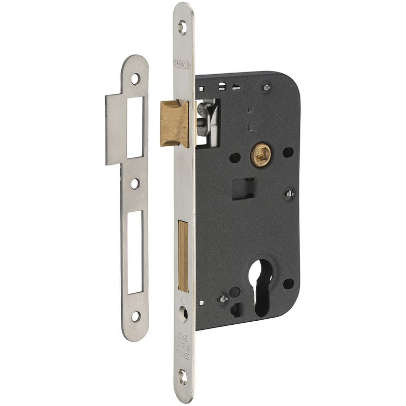 Boitier de serrure encastrable à cylindre pour porte d'entrée, axe 50mm, bouts ronds, têtière laiton inox brossé