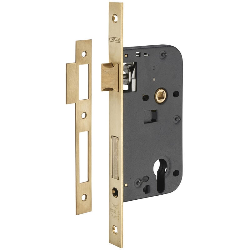 Boitier de serrure encastrable à cylindre pour porte d'entrée, axe 50mm, bouts carrés, têtière laiton brossé