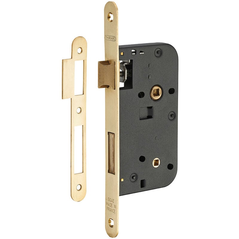 Serrure encastrable à condamnation pour porte de salle de bain et toilettes, axe 50mm, bouts ronds, laiton brossé