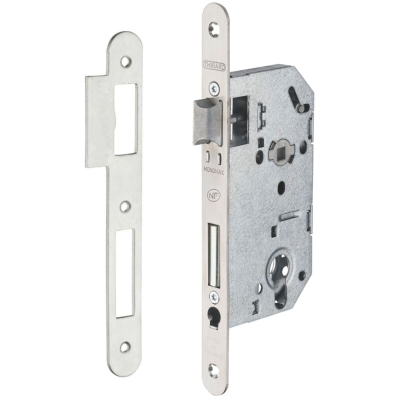 Serrure encastrable Monomax NF pour cylindre européen, axe 50mm, bouts ronds, têtière inox