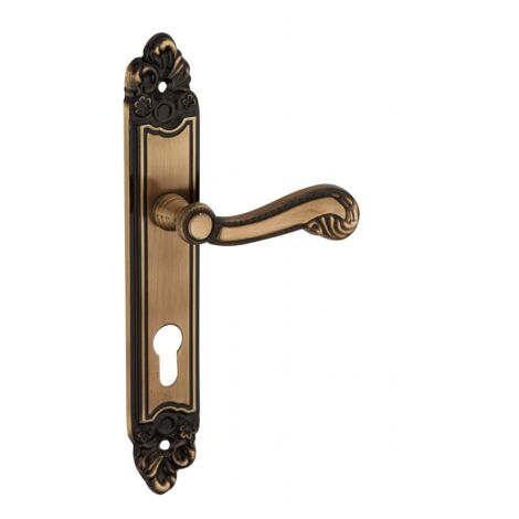 THIRARD - Ensemble de poignées pour porte d'entrée Louis XV trou de cylindre, carré 7mm, entr'axes 195mm, laiton vieilli - THIRARD