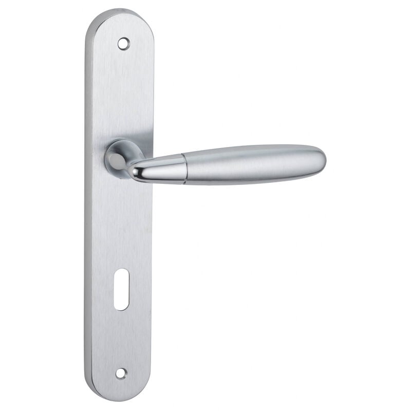 Ensemble de poignées pour porte de chambre Mirella2 trou de clé, carré 7mm, entr'axes 195mm, chromé brillant/satiné