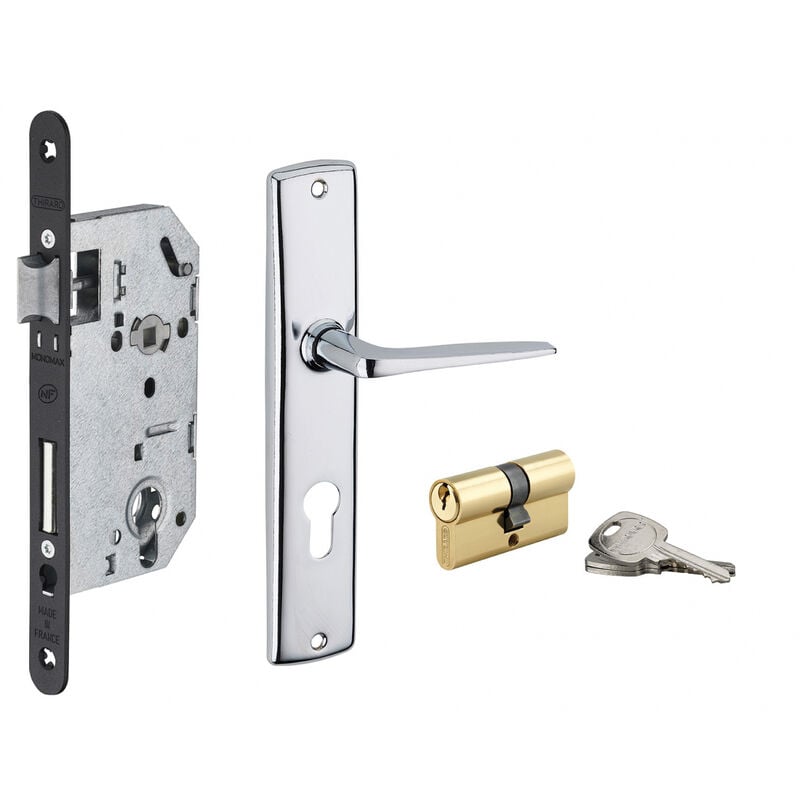 Garniture serrure encastrable Monomax nf à cylindre + ensemble poignées Demeter, axe 50mm, bouts ronds, 3 clés