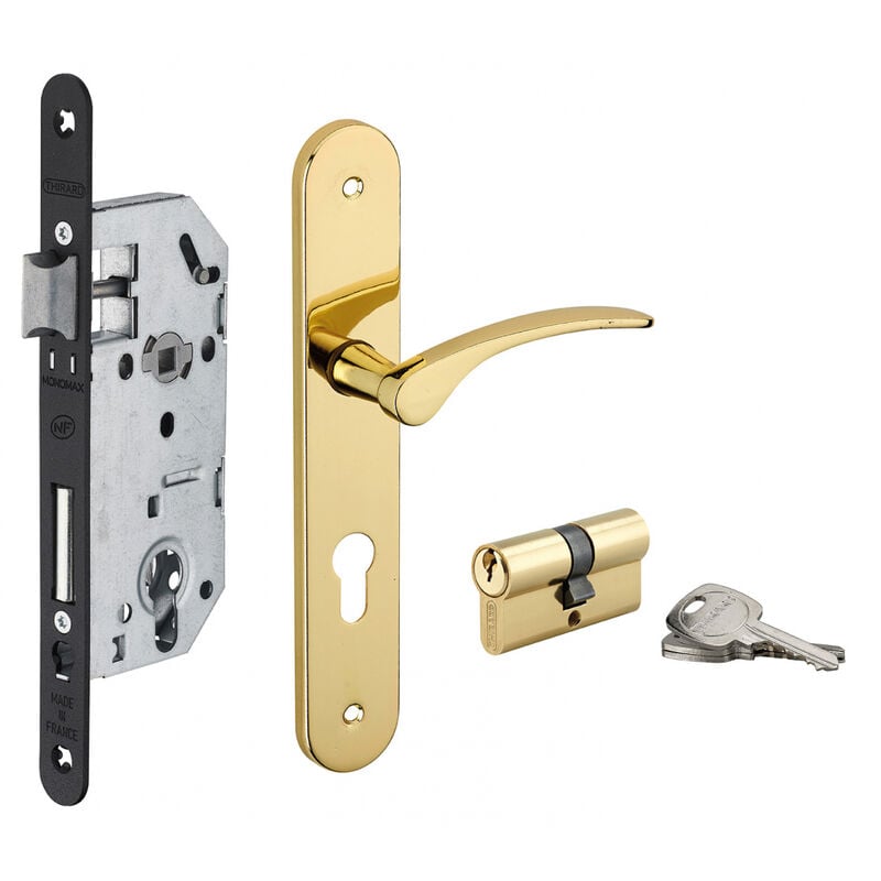 Garniture serrure encastrable à cylindre Monomax + ensemble poignées Dionysos, axe 40mm, bouts ronds, 3 clés
