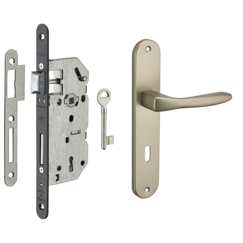 Garniture serrure encastrable Monomax nf pêne dormant + ensemble poignées Héra, axe 40mm, bouts ronds
