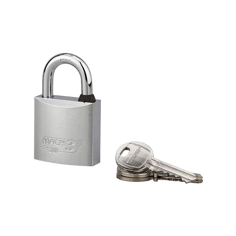 Cadenas à clé Mach 3, laiton nickelé, extérieur, anse inox, 30mm, 2 clés