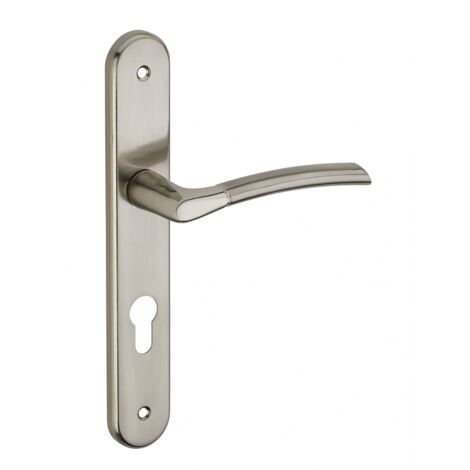 Thirard – Poignée de porte Eris avec trou de cylindre – Acier embouti nickelé brossé – Entr'axe 195mm – Carré 7mm pour installation facile