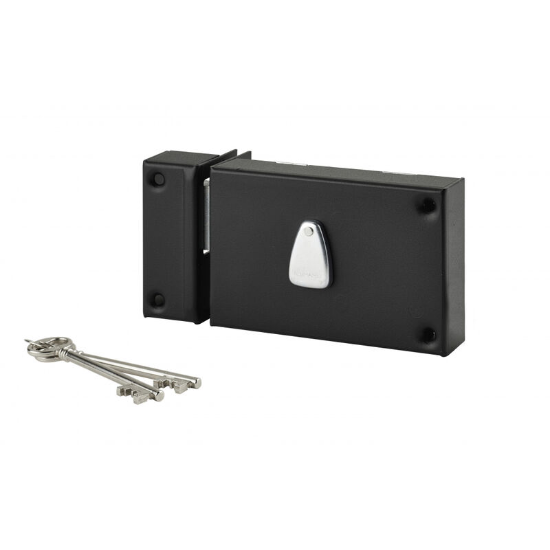 Thirard - Serrure horizontale en applique 6 gorges à clé pour porte de cave, pêne seul, gauche, axe 64mm, 140x88mm, noir, 2 clés