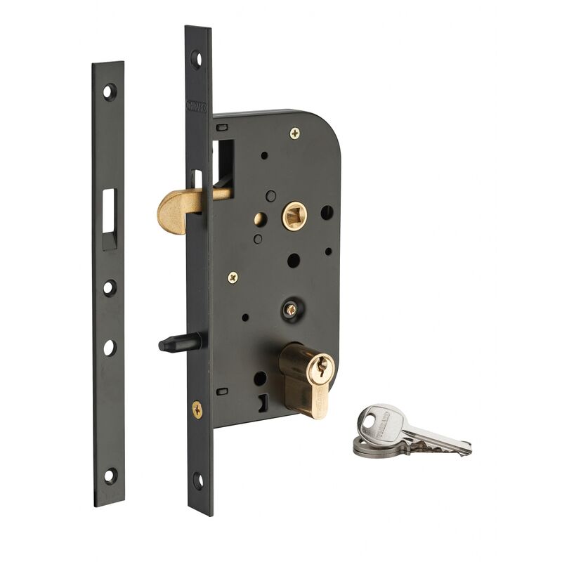 Serrure encastrable crochet à cylindre pour porte coulissante, axe 50mm, cylindre 30x30mm, bouts carrés, noir, 3 clés