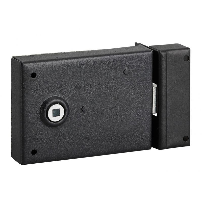 Serrure horizontale en applique à fouillot pour porte int., pêne 1/2 tour seul, axe 85mm, carré 6mm, 110x80mm, noir