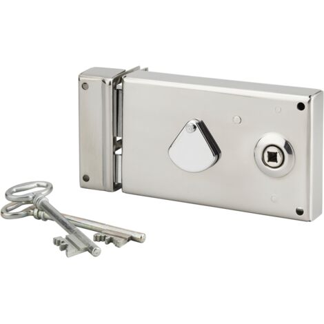 THIRARD - Serrure de grille en applique horizontale à clé à fouillot pour portail, gauche, axe 58mm, 140x82mm, inox, 2 clés