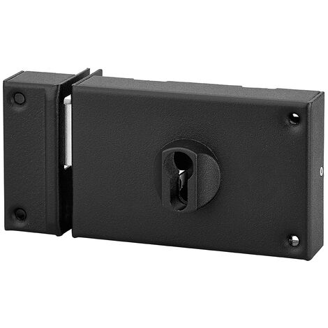 Thirard – Serrure en applique double entrée pour porte de cave – Pêne seul gauche – Axe 70mm – Dimensions 140x88mm – Acier zingué noir