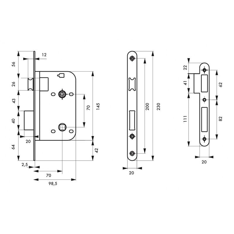 Serrure encastrable à condamnation pour salle de bain et toilette, axe 70mm, bouts ronds, laiton poli verni