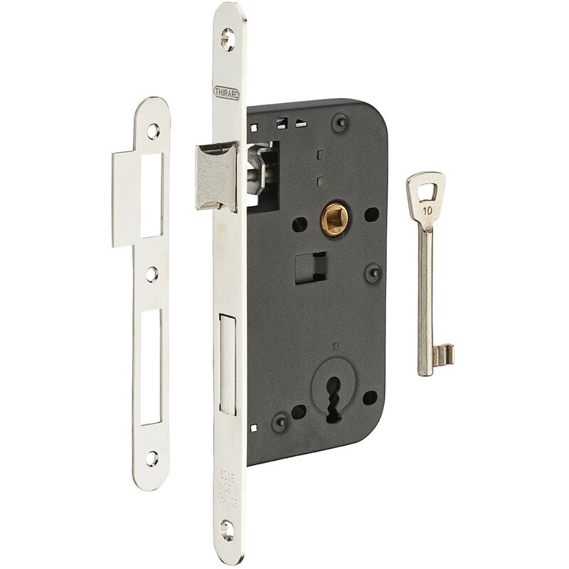 Serrure encastrable à clé pour porte de chambre, axe 50mm, bouts ronds, laiton poli verni, 1 clé