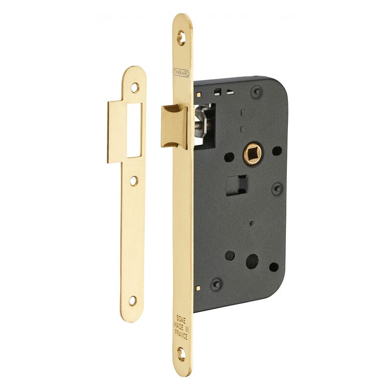 Serrure encastrable pour porte intérieure, axe 50mm, bouts ronds, laiton poli verni