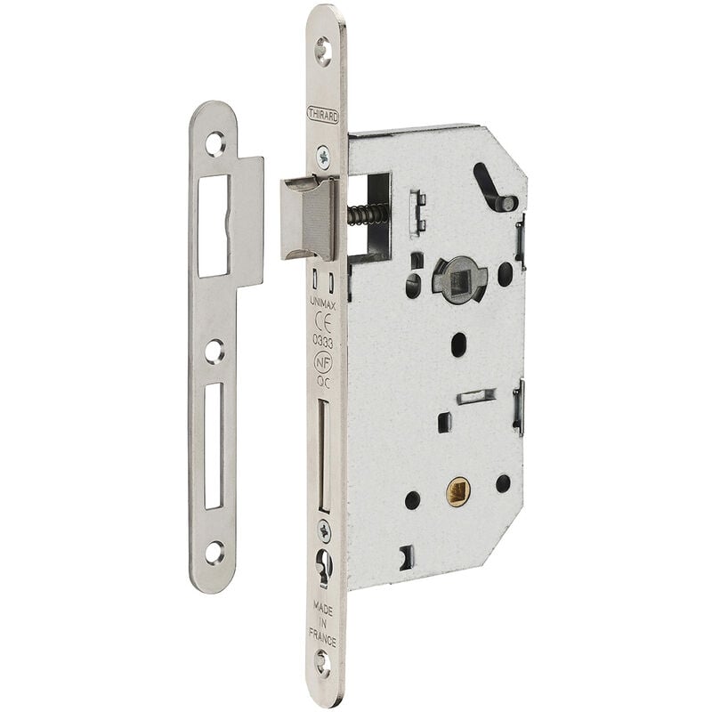 Serrure encastrable Unimax ce nf qc à condamnation pour salle de bain et toilette, axe 50mm, bouts ronds, nickelé