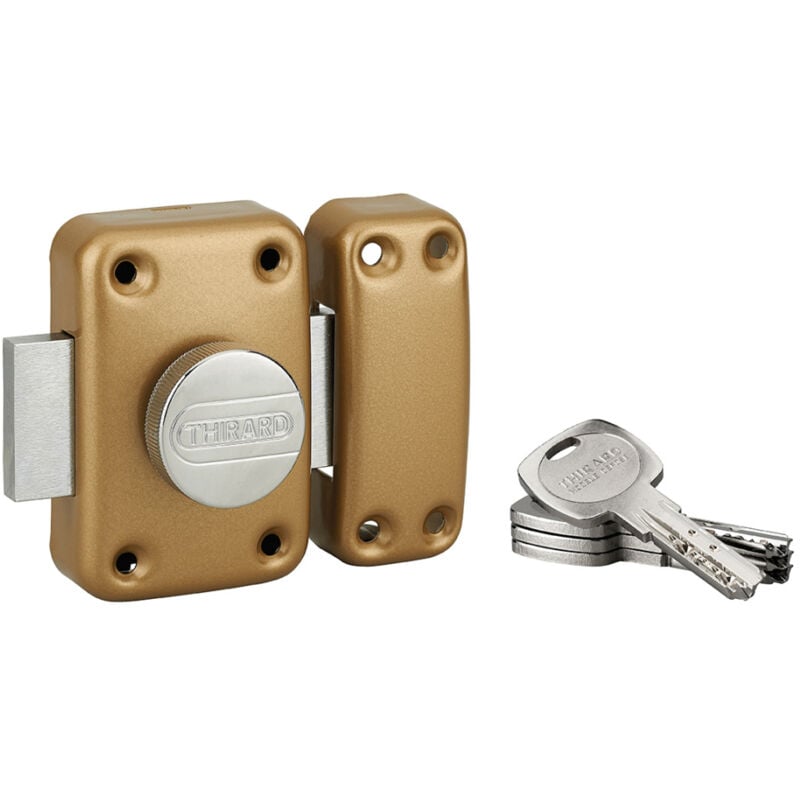 Verrou à bouton Transit 2 pour porte d'entrée, cylindre 65mm, 4 clés, époxy or