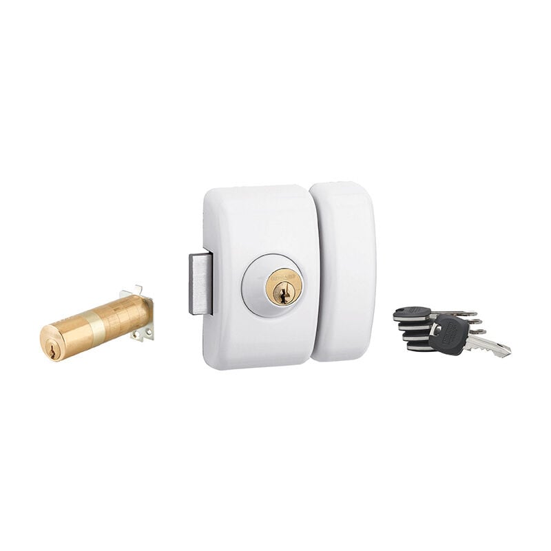 Verrou double entrée Universel ajustable pour entrée, hg 5+, dim. cylindre de 35 à 80mm, acier, 5 clés, epoxy blanc
