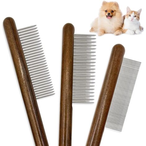 This three-piece set includes a solid wood cat comb, stainless steel teeth for massaging cats, dogs, and rabbits, and a flea and tick comb to remove tangles, knots, and loose fur. Suitable for small t