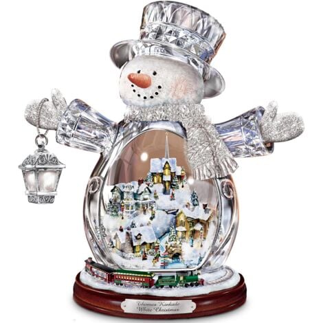 XVX Thomas Kinkade Kristall-Schneemann-Figur mit beleuchtetem Dorf und animiertem Zug von The Bradford Editions