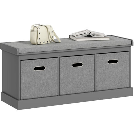 Three-Drawer Shoe Storage Bench, with Padded Top Seat - Grey