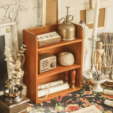 Three-layer Retro Minimalist Desktop Wooden Storage Box 25cm W x 10.5cm D x 30.5cm H