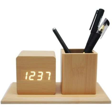 ThreeH Digitaler Wecker aus Holz mit Stifthalter, Zeitanzeige, 3 Weckzeiten, Tonsteuerung, 3 Helligkeitsstufen, Gelb
