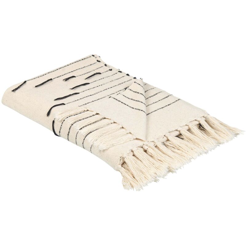 Beliani - Throw Blanket Rectangular 130 X 170 Cm Cotton Striped Pattern Light Beige And Black Uluyol