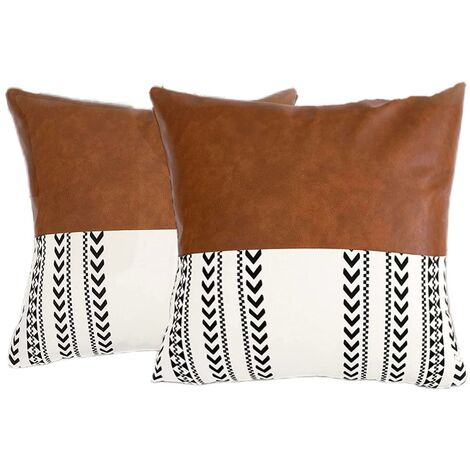 Set of 2 Faux Leather and Linen Throw Pillow Cover 18x18 inch