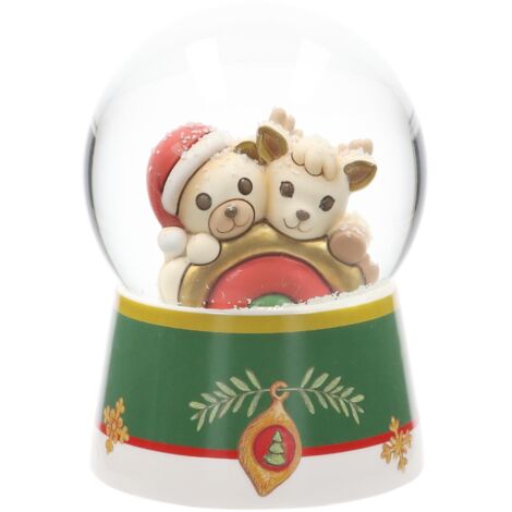 THUN - Boule de Neige con Teddy e Renna Robin con Arcobaleno in Resina, Ceramica e Vetro, Versione Grande, Linea Desideri di Natale, 10 cm