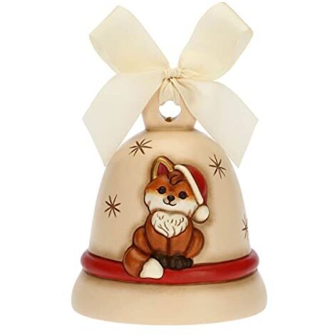 THUN - Campanella Special Edition 2021 con Volpe Grace - Ceramica e Nastro d'organza - Linea Natale - Living, Arredare la Casa - Ø 10,7 cm 12 cm h Nastro Beige 50 cm