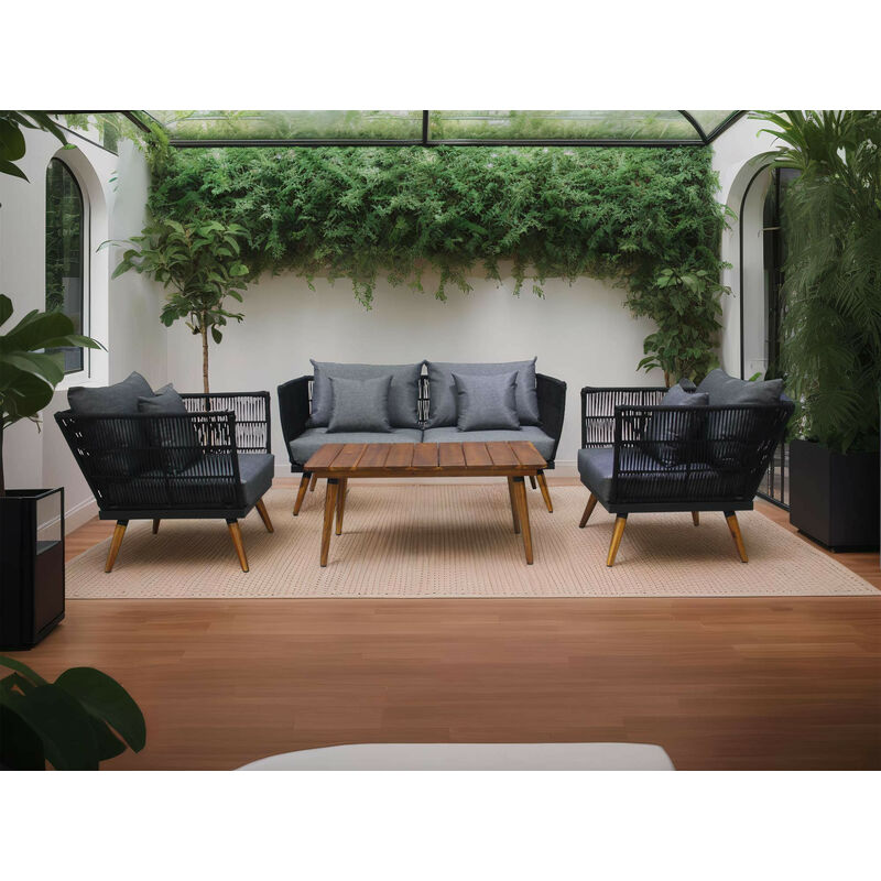 Tiago - salon bas de jardin 4 places + table - corde et bois - noir et coussins gris
