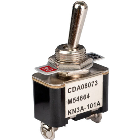 Tibelec – Interrupteur à levier noir encastrable – Dimensions 28x16mm – Courant 10A, tension 250V~ – Fixation par écrou, connexion à visser ou souder