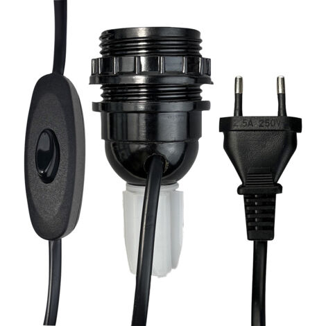 Tibelec – Kit lampe bouteille noir E27 avec câble 1.5m – Douille demi-filetée + bague – Interrupteur à main – Fiche 2 pôles