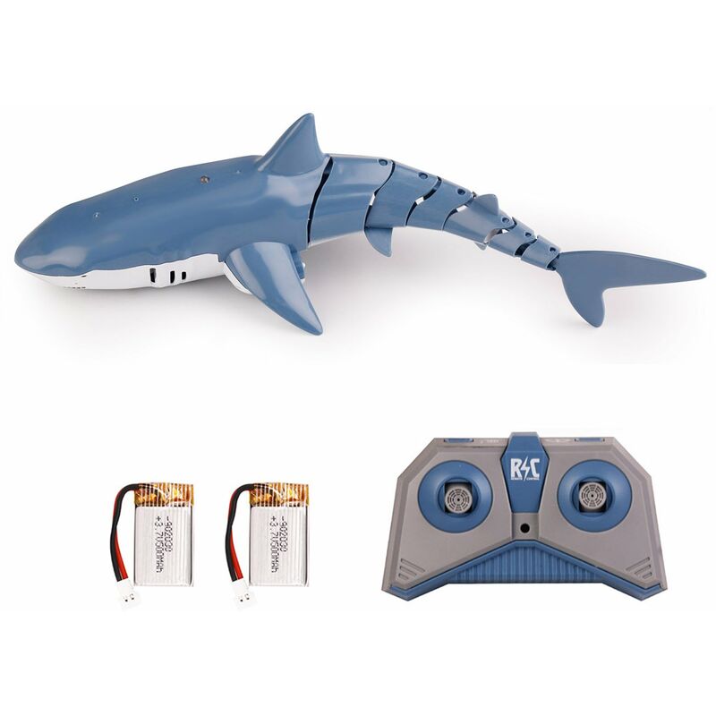 

Tiburon teledirigido del juguete 2.4GHz RC Shark para el agua del espray de la piscina con la bateria de las luces LED 2,Azul, 2 pilas