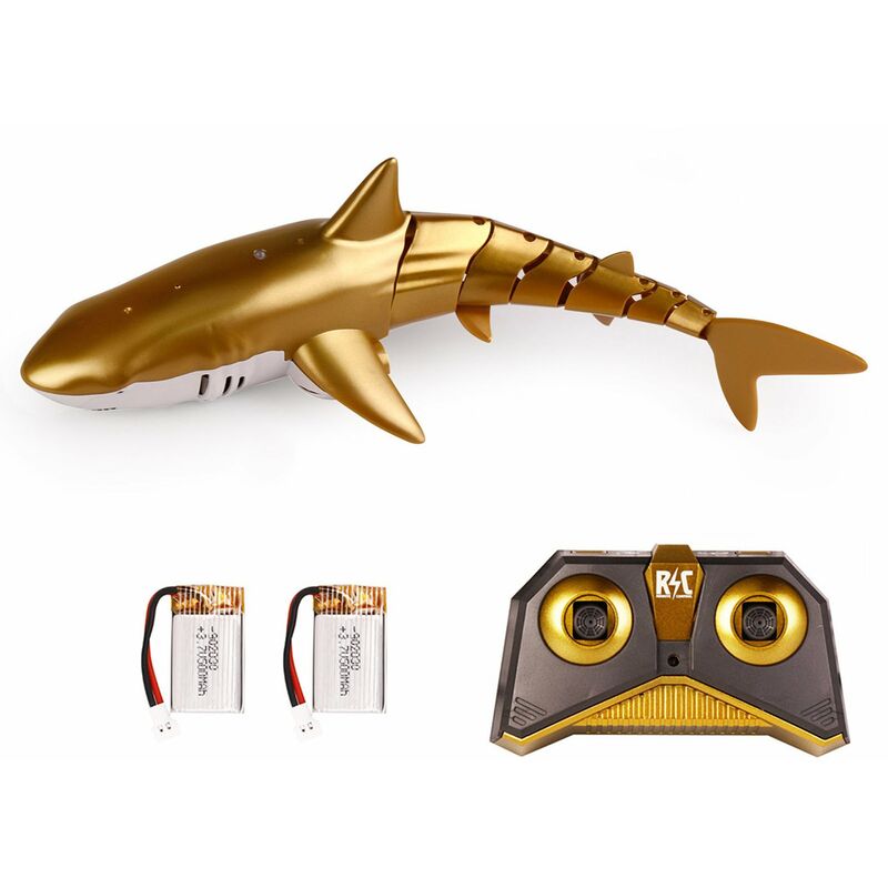 

Tiburon teledirigido del juguete 2.4GHz RC Shark para el agua del espray de la piscina con la bateria de las luces LED 2,Dorado, 2 pilas