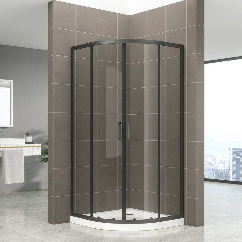 Saniverre - tibyblack Cabine porte de douche coulissante h 190 cm 1/4 de cercle noir verre transparent 90 x 90 cm + receveur inclus