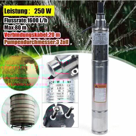 SENDERPICK Tiefbrunnenpumpe 250W 3 Zoll Schraubenbrunnenpumpe ideal für die Versorgung von Housers, Bauernhöfen und Hütten auf dem Land mit frischem Wasser 1600 L/h