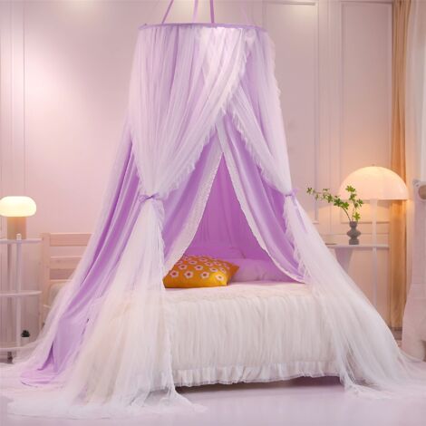 Tienda de campaña con dosel de princesa de doble capa para niñas, mosquitera de ensueño, bonita decoración para dormitorio, castillo de juegos, rincón de lectura (morado/blanco)