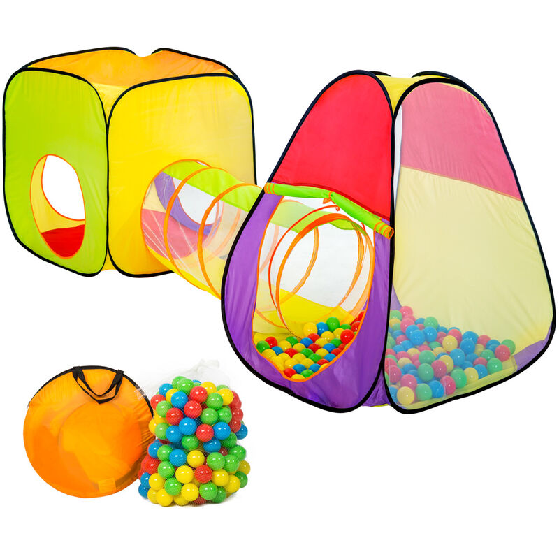 

Tienda de campaña pirámide con túnel, 200 bolas y bolsa - parque infantil con bolas de colores, tienda de juegos plegable con techo desmontable,