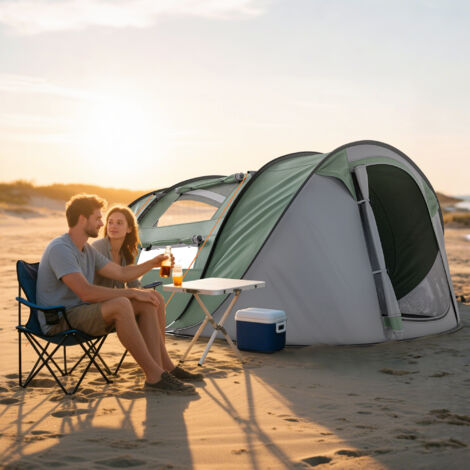 Tienda de Camping Pop-up con Ventanas Bolsillos y Bolsa de Transporte Impermeable Anti-UV 263,5x220x123 cm Verde y Gris