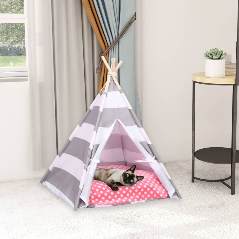 

Tienda tipi de gato y bolsa piel de melocotón rayas 60x60x70 cm - Gris