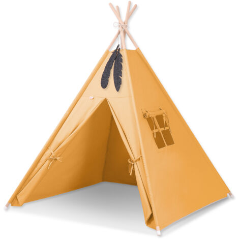 Tienda tipi infantil con plumas colgantes - Mostaza