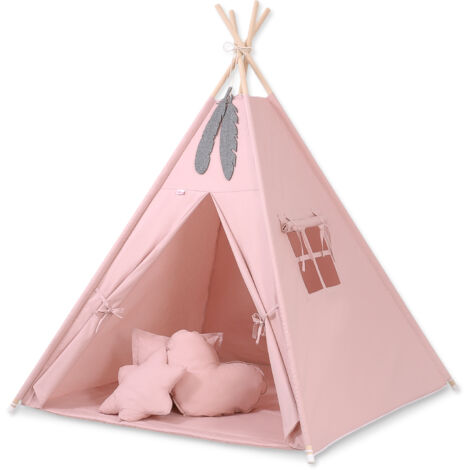 Tienda tipi para niños + colchoneta + almohadas + colgantes de plumas - rosa empolvado
