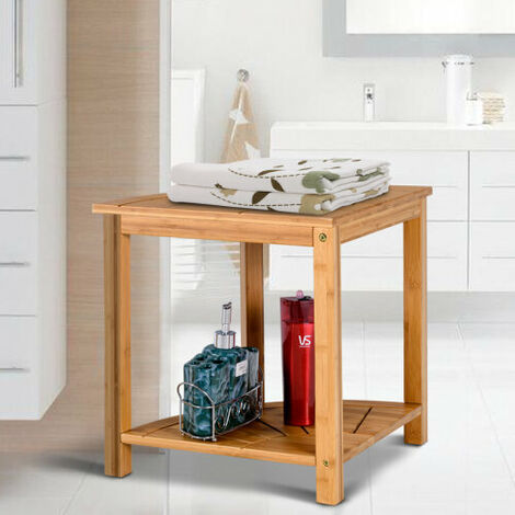 Tier Bamboo Shower Bench Corner Bathroom Stool Seat w/Storage Shelf