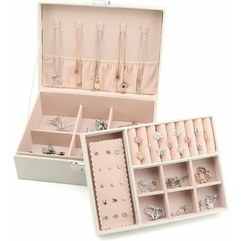Tier Jewelry Box, Lockable PU Leather Jewelry Box for Girls and Women, Velvet Lining, White
