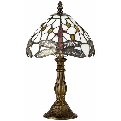 VALUELIGHTS Tiffany Antique Brass Base Stained Glass & Jewel Dragonfly Table Lamp