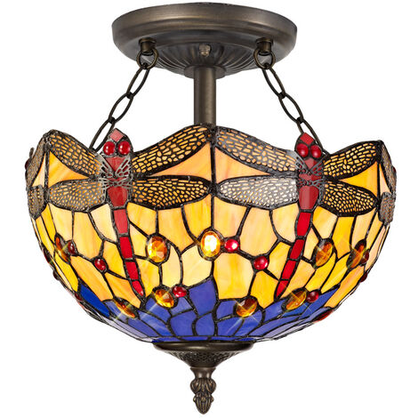 Tiffany by Tiff Ceiling Light Semi Flush With Dragonfly Shade - Brass Litecraft