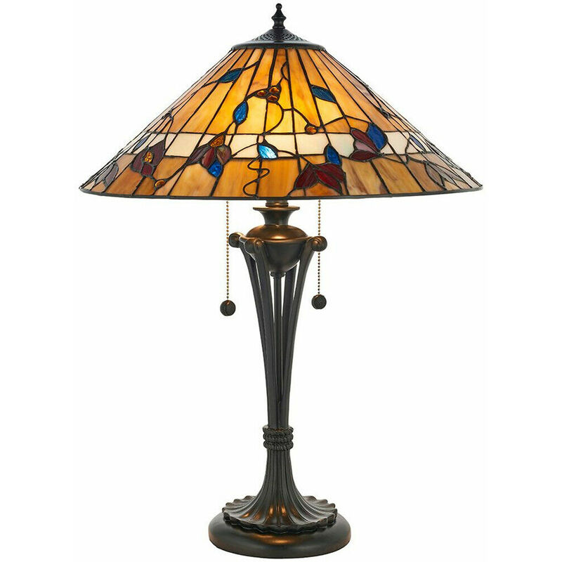 Tiffany Glass Table Lamp Light Dark Bronze & Rich Colours Floral Shade I00175